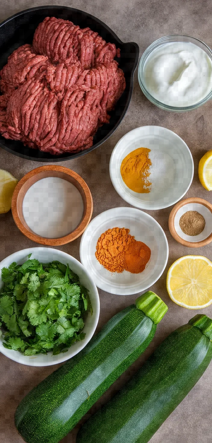 Ingredients photo for Curry Lamb Stuffed Zucchini Recipe