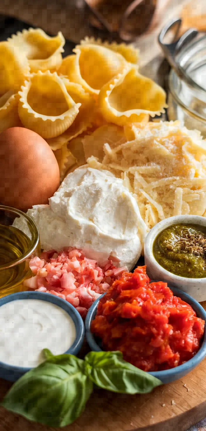 Ingredients photo for Cheesy Pesto Ricotta Stuffed Shells With Vodka Sauce Recipe