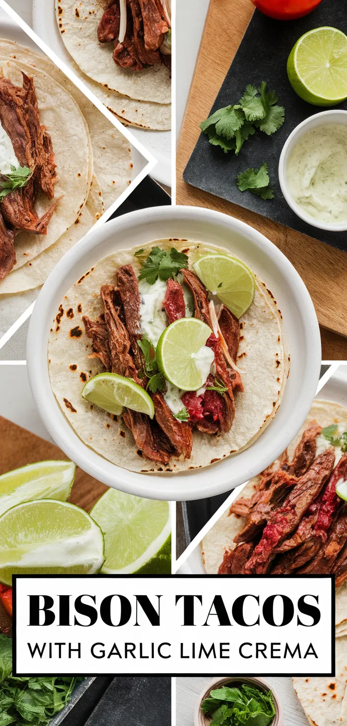 A photo of Carne Asada Bison Tacos With Garlic Lime Crema Recipe