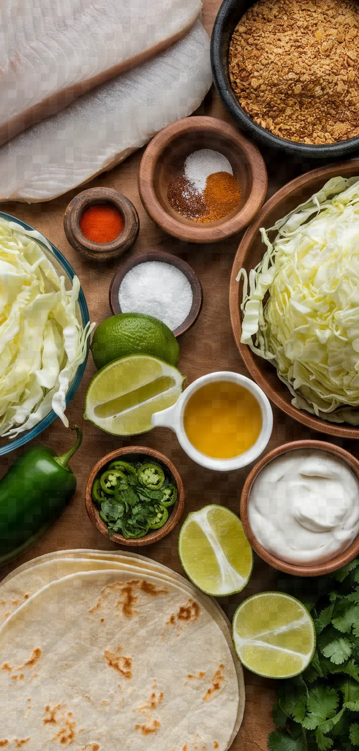 Ingredients photo for Crispy Baked Fish Tacos With Creamy Cilantro Lime Slaw Recipe